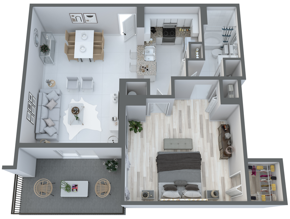 Floor plan for 1 bed, 1 bath, 844 sqft